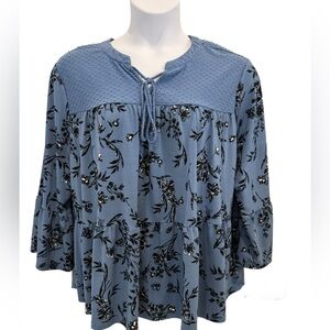 Plus size True Self Long Sleeve Floral Blue Blouse; 2X